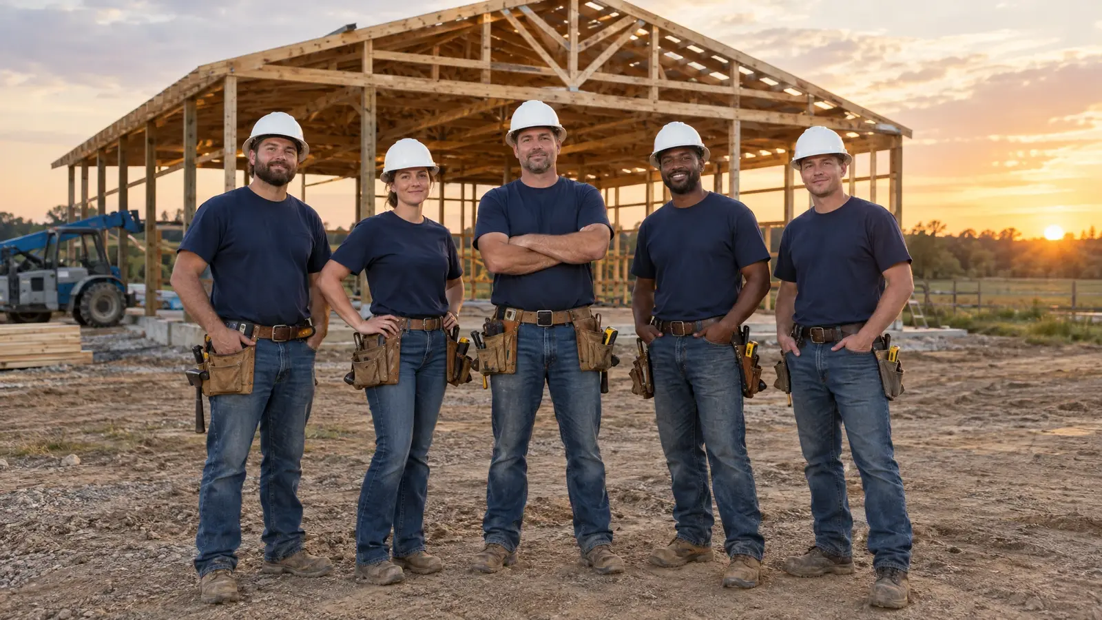 About Music City Barns A crew of builders in navy work shirts and hard hats standing in front of a half-framed pole barn at golden hour