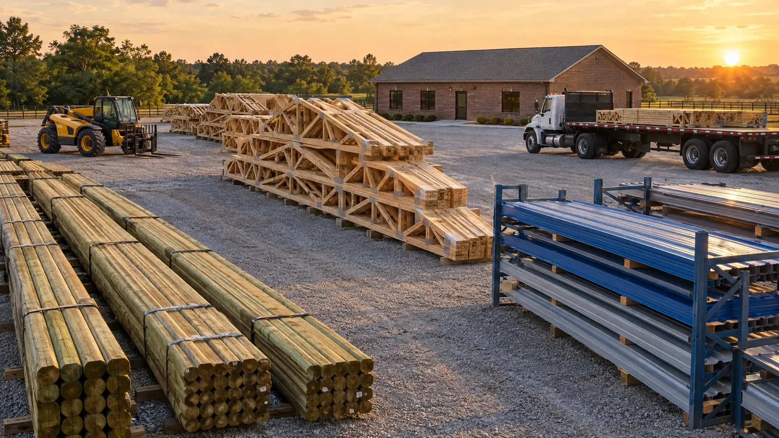 A tidy barn builder materials yard with posts, trusses and metal panels at golden hour