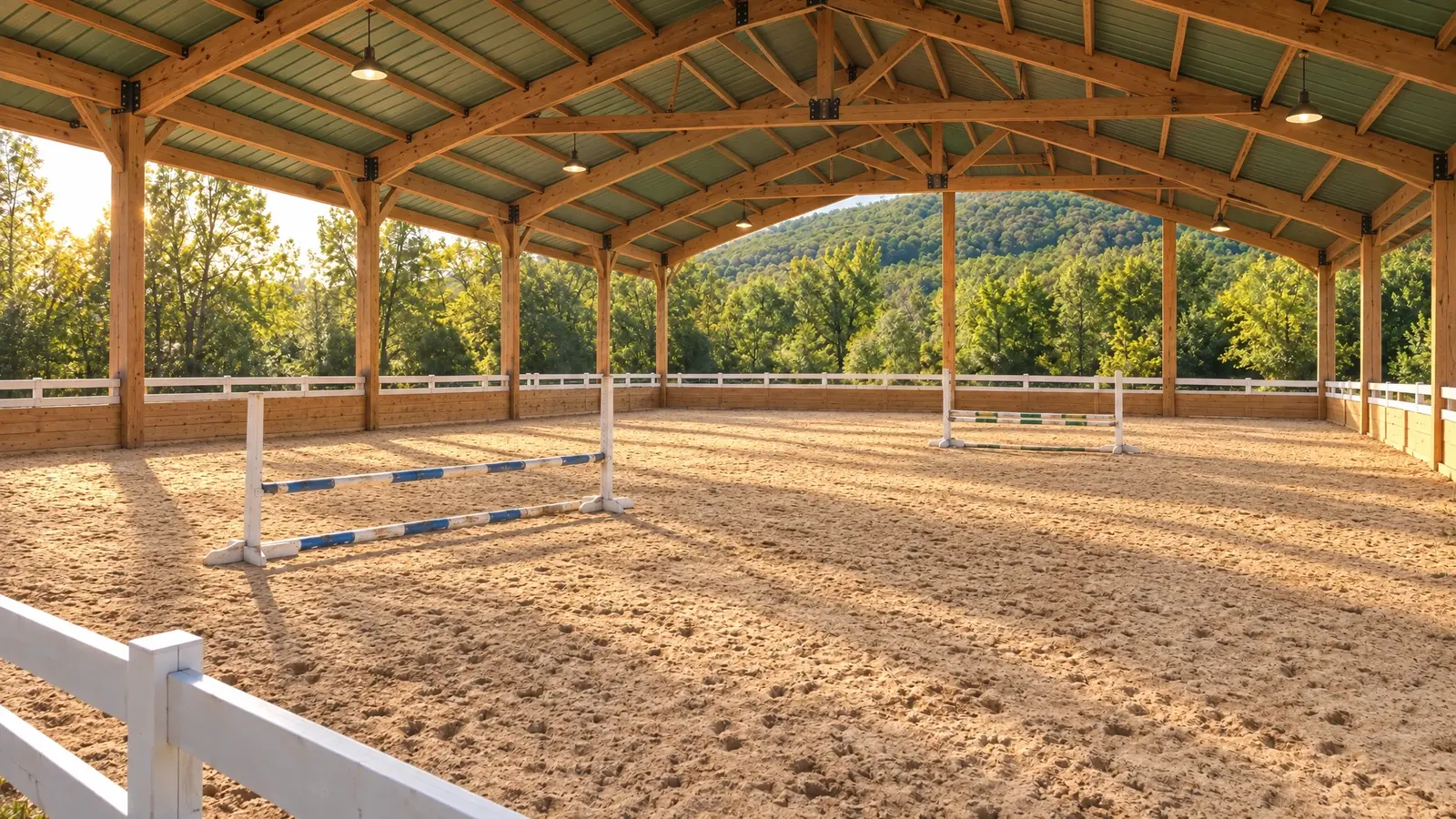 After: Covered riding arena | Music City Barns After: an outdoor riding arena with a roof with timber trusses over the arena