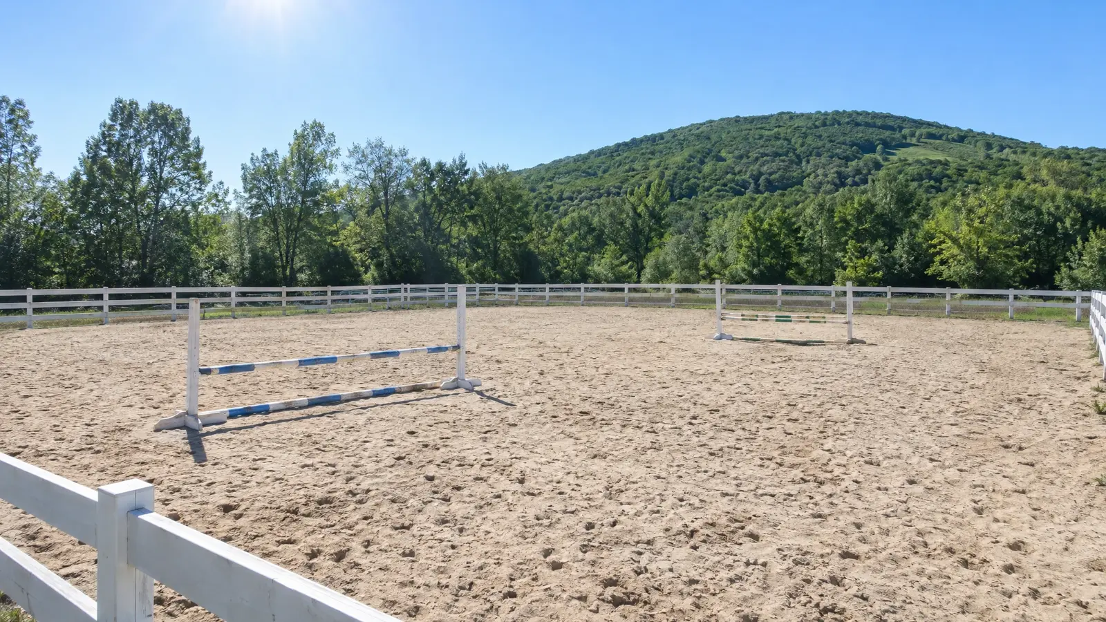 Before: an outdoor riding arena with sun and rain with no cover