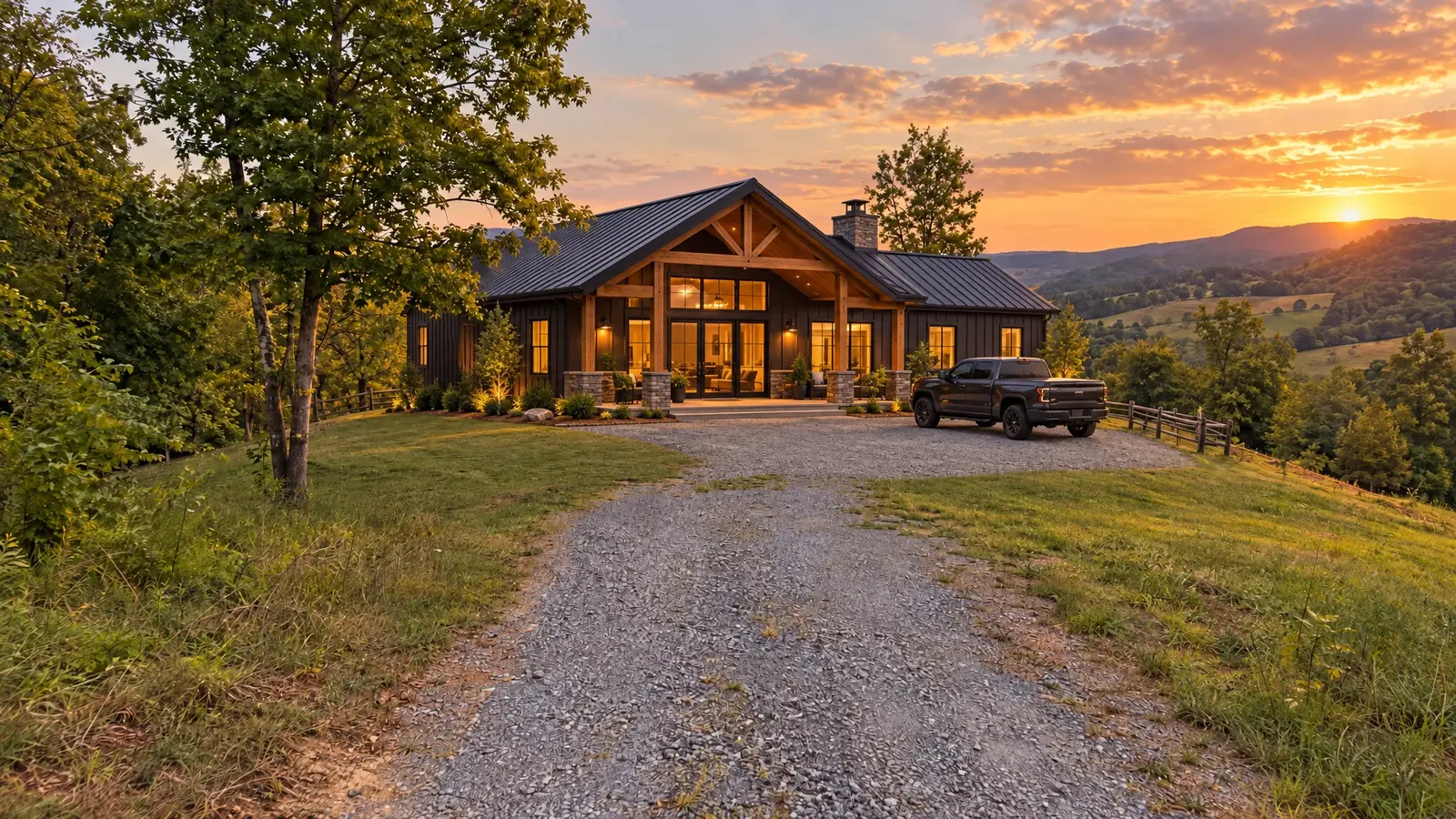 After: Hillside barndominium | Music City Barns After: a homesite at the end of a gravel drive with a finished barndominium with a cedar porch