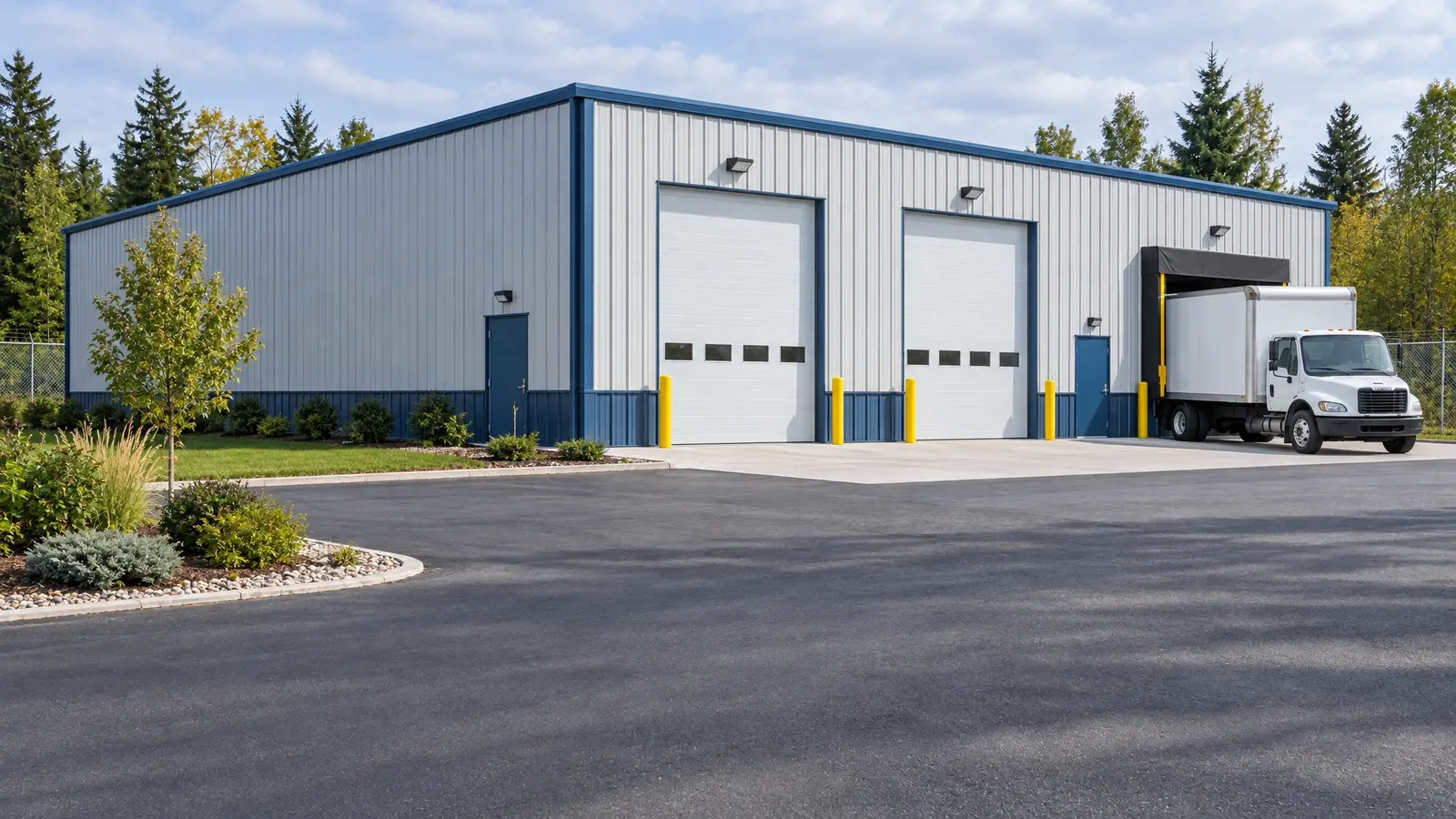After: Commercial storage building | Music City Barns After: a gravel lot with a clean commercial building with overhead doors
