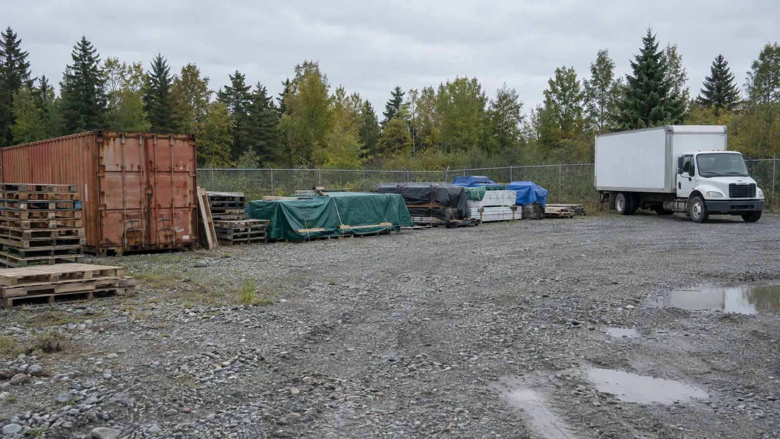 Before: a gravel lot with scattered pallets and a shipping container