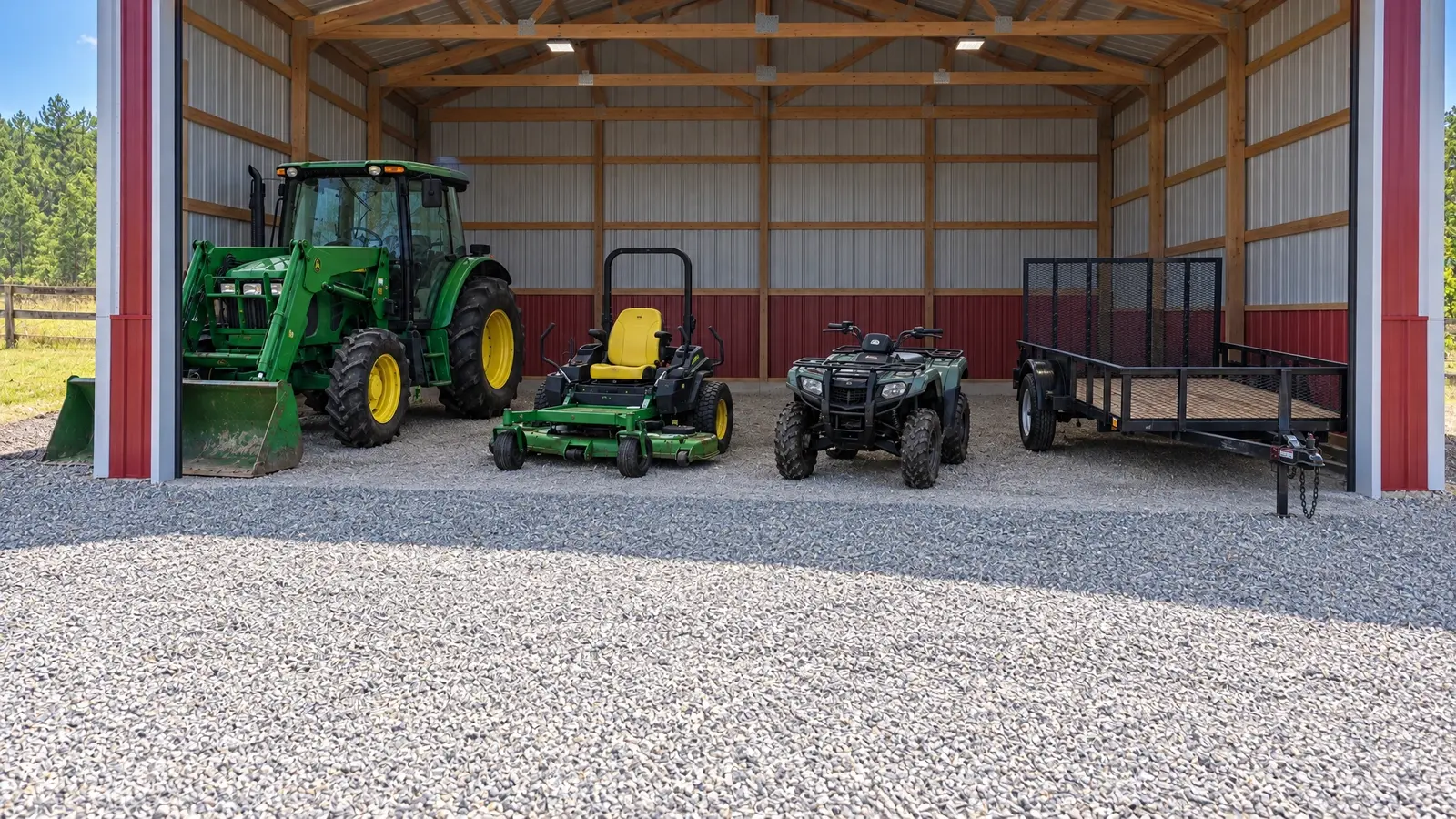 After: Equipment barn | Music City Barns After: a farm yard with a covered equipment barn with wide doors