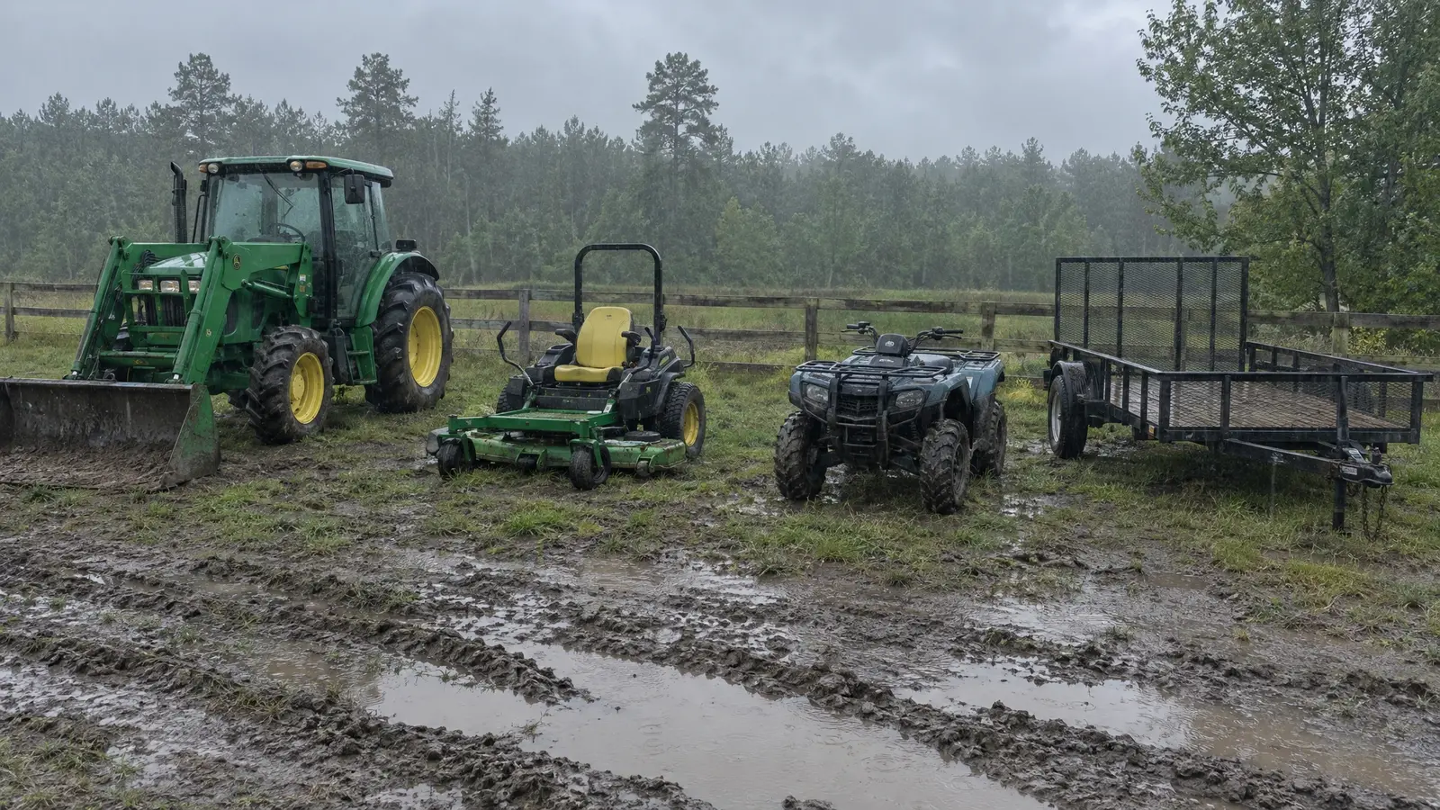 Before: a farm yard with equipment sitting outside in the mud