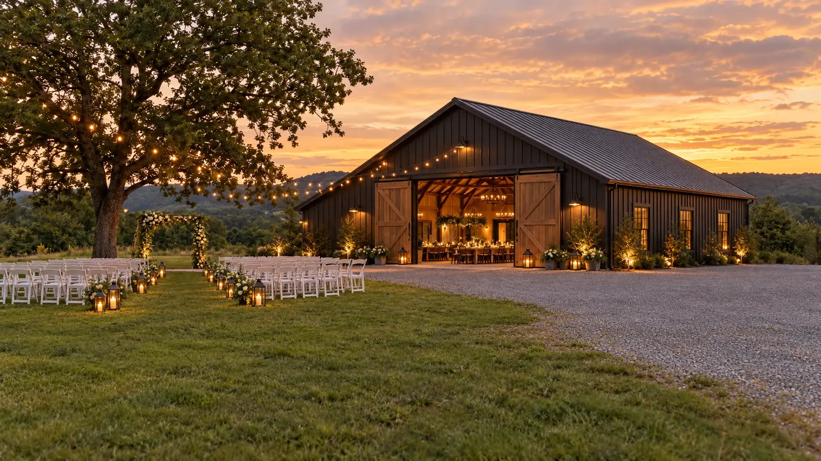 After: Field to event barn | Music City Barns After: an open field with an event barn with string lights