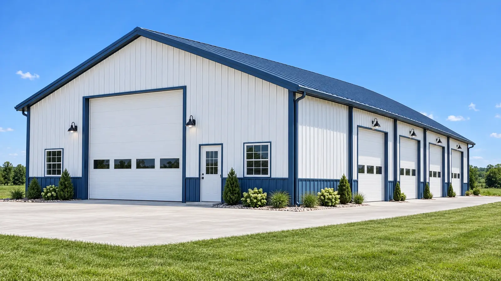 After: Frame to finished building | Music City Barns After: a post-frame building with a finished building with metal roof, doors and trim