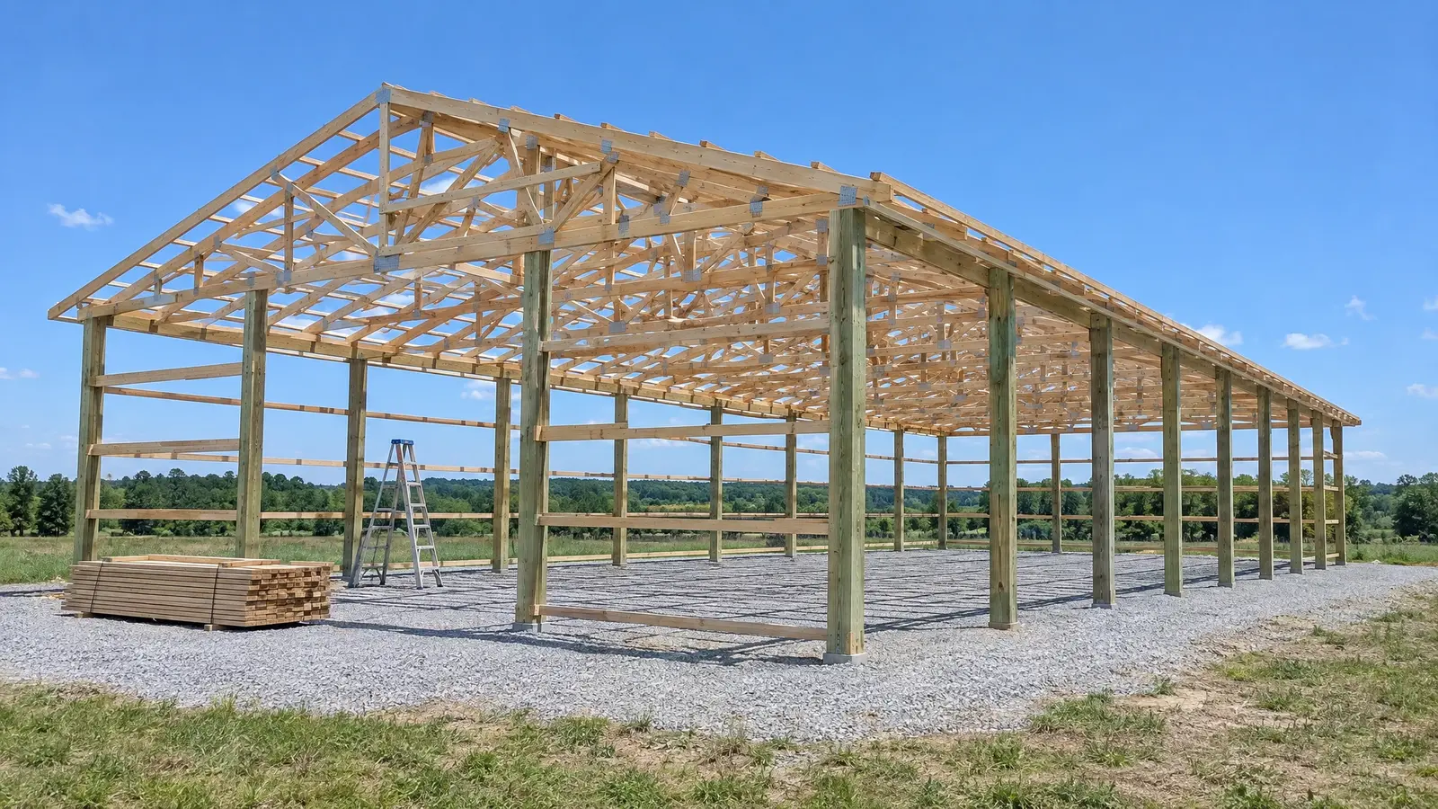 Before: a post-frame building with bare posts and trusses with no roof or siding