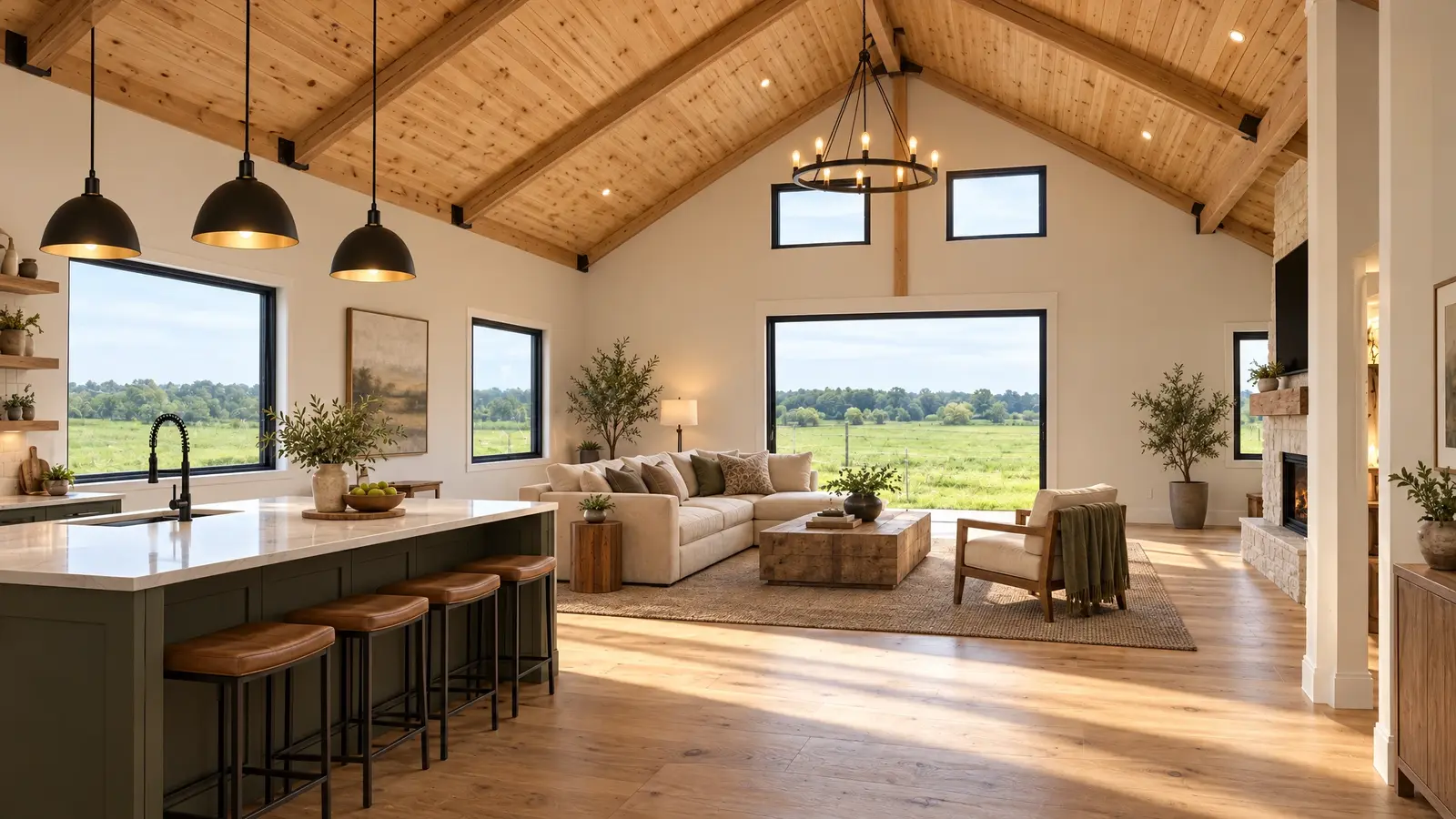 After: Barndominium interior | Music City Barns After: a barndominium shell with a finished kitchen and living room under pine trusses