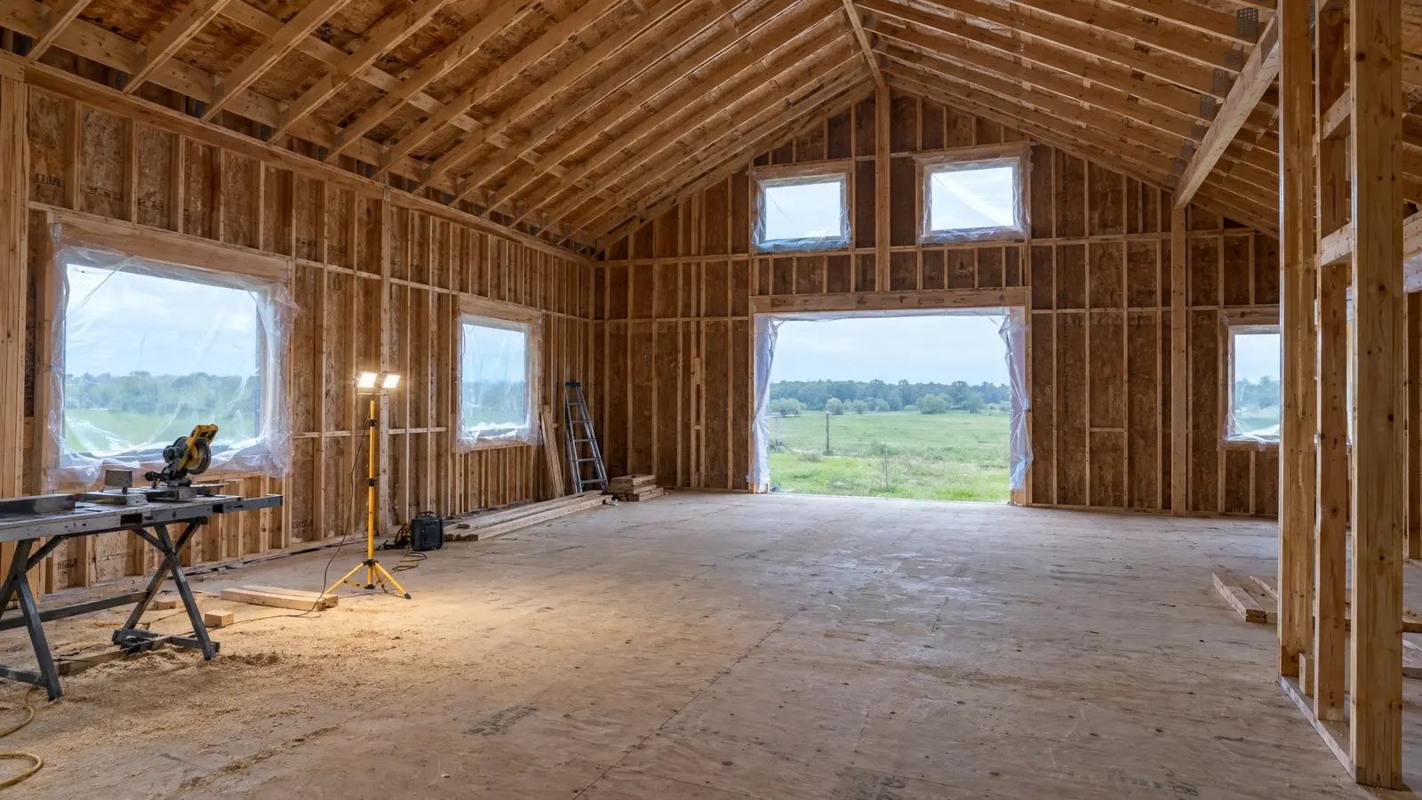 Before: a barndominium shell with bare studs and a plywood floor