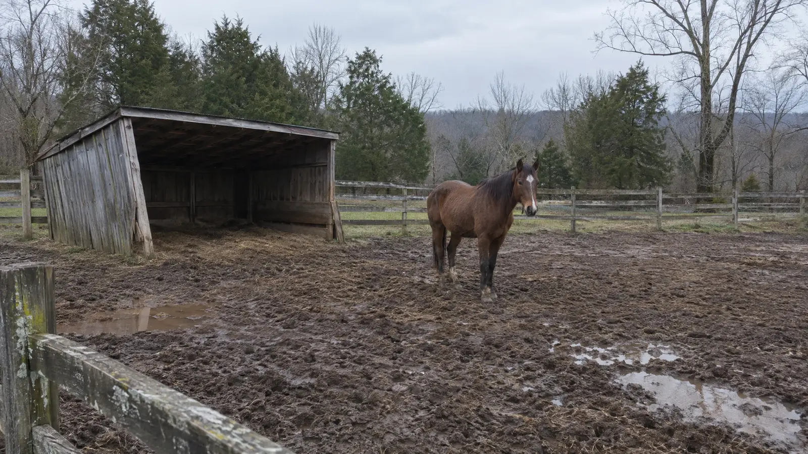 Before: a paddock with a muddy lot and a leaning shed