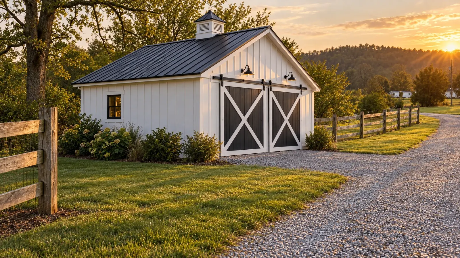 After: Shed to barn garage | Music City Barns After: a worn-out shed with a barn-style garage with sliding doors