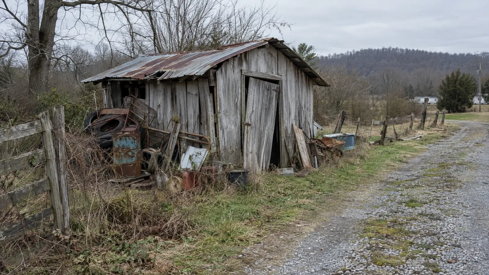 Before: a worn-out shed with a sagging roof and junk