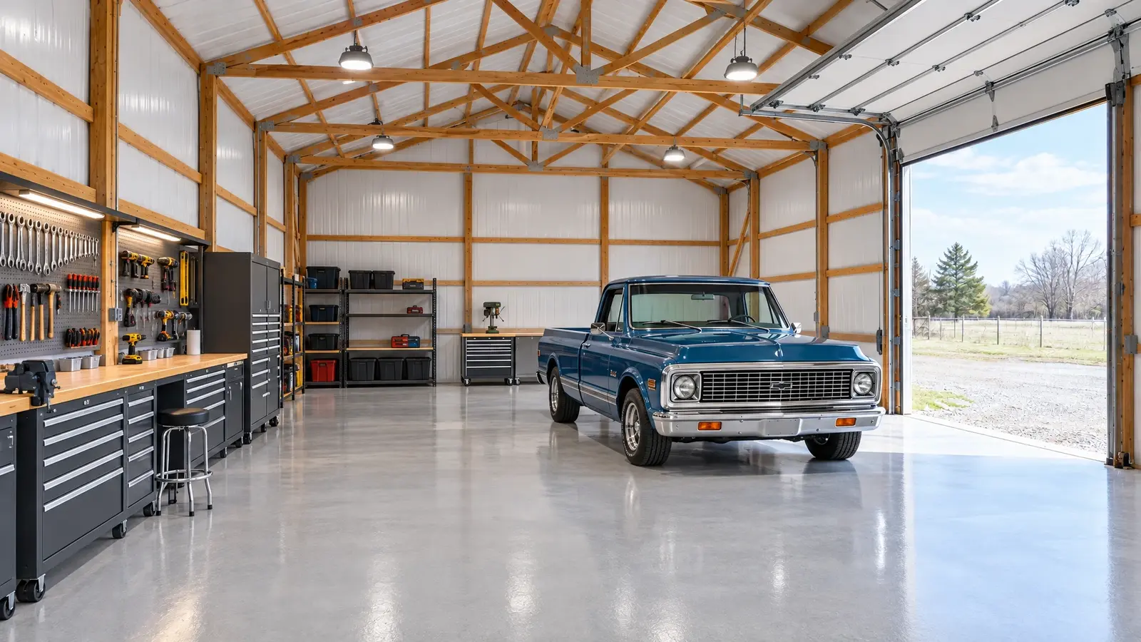 After: Workshop interior | Music City Barns After: a barn shell with an insulated shop with epoxy floor and workbenches