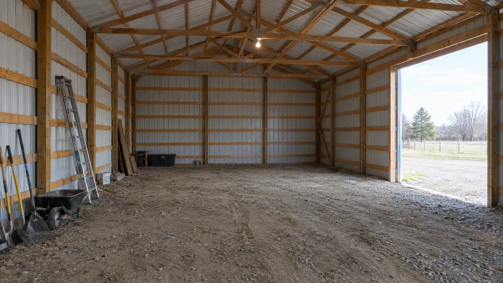 Before: a barn shell with a dirt floor and bare walls