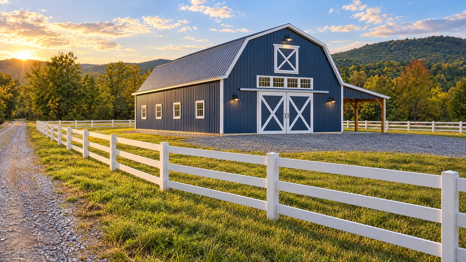 After: Raw land to pole barn | Music City Barns After: a staked building site with a finished blue gambrel pole barn