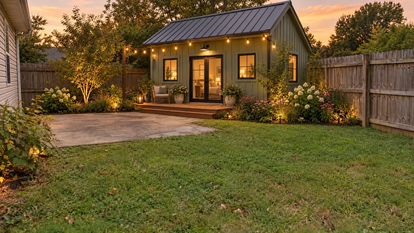 After: Backyard studio barn | Music City Barns After: the back corner of a yard with a sage-green studio barn with a deck