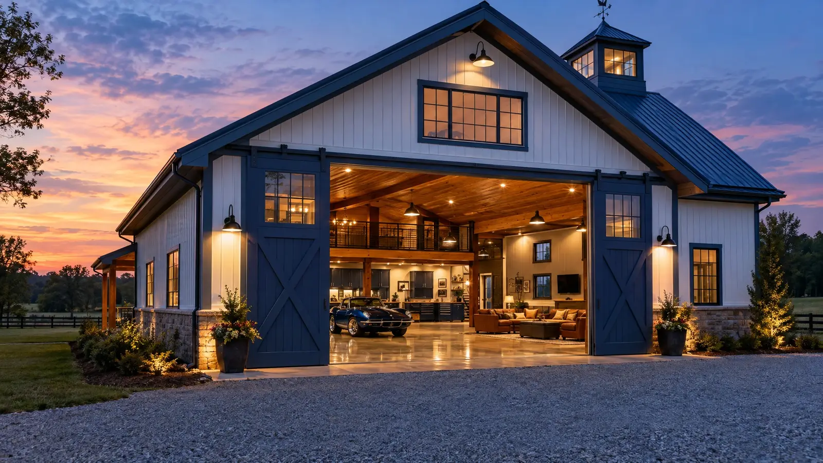 Barn gallery | Music City Barns A custom barn with a polished interior glowing through large open doors at twilight