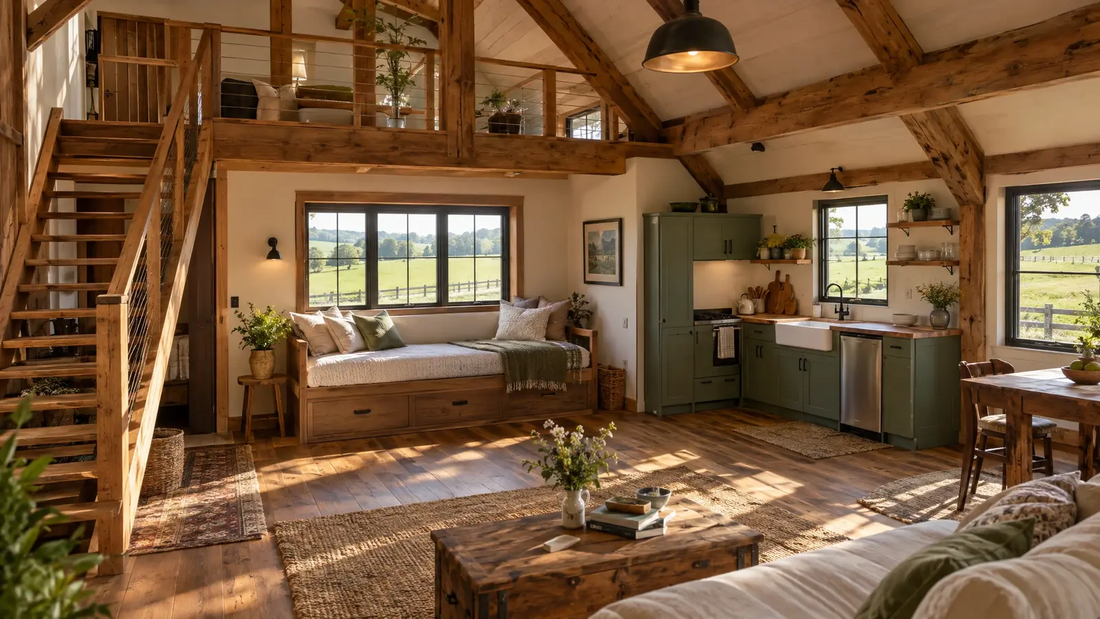 A barn loft apartment with a wooden staircase and exposed beams A barn loft apartment with a wooden staircase and exposed beams