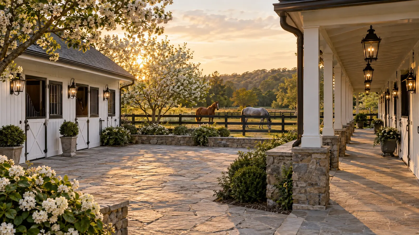 A luxury horse barn courtyard with stone paving, lanterns and two horses A luxury horse barn courtyard with stone paving, lanterns and two horses