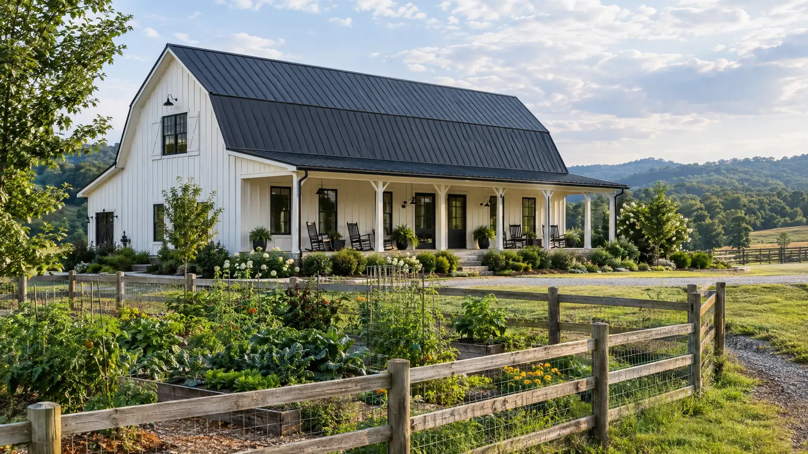 A white modern farmhouse barn with a long covered porch and rocking chairs A white modern farmhouse barn with a long covered porch and rocking chairs