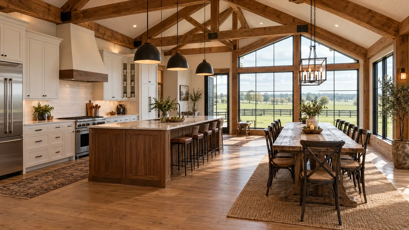 A barndominium kitchen and dining room under exposed wood trusses A barndominium kitchen and dining room under exposed wood trusses