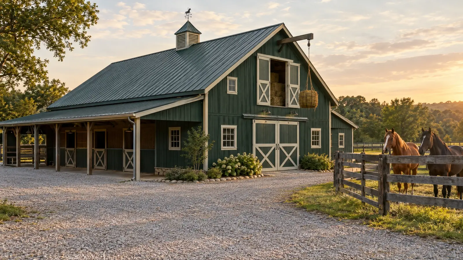 A forest-green horse barn with cream trim and a hay loft door A forest-green horse barn with cream trim and a hay loft door