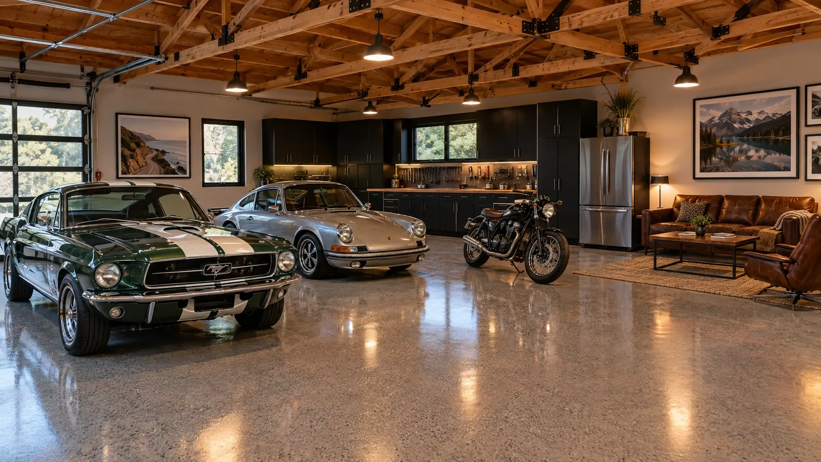 A weekend garage barn with classic cars on an epoxy floor A weekend garage barn with classic cars on an epoxy floor