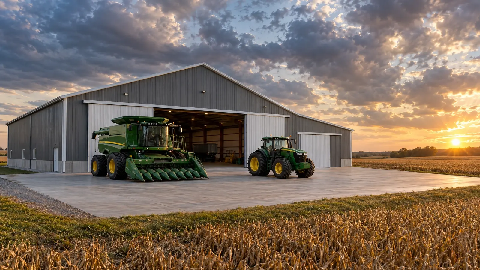 A large gray equipment barn with a combine and tractor out front A large gray equipment barn with a combine and tractor out front