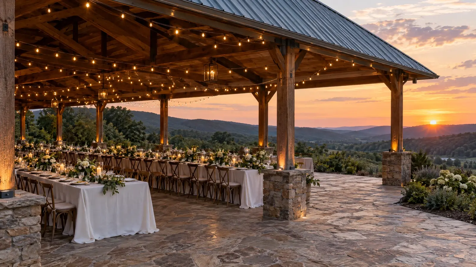 An open-air event pavilion with banquet tables and string lights An open-air event pavilion with banquet tables and string lights