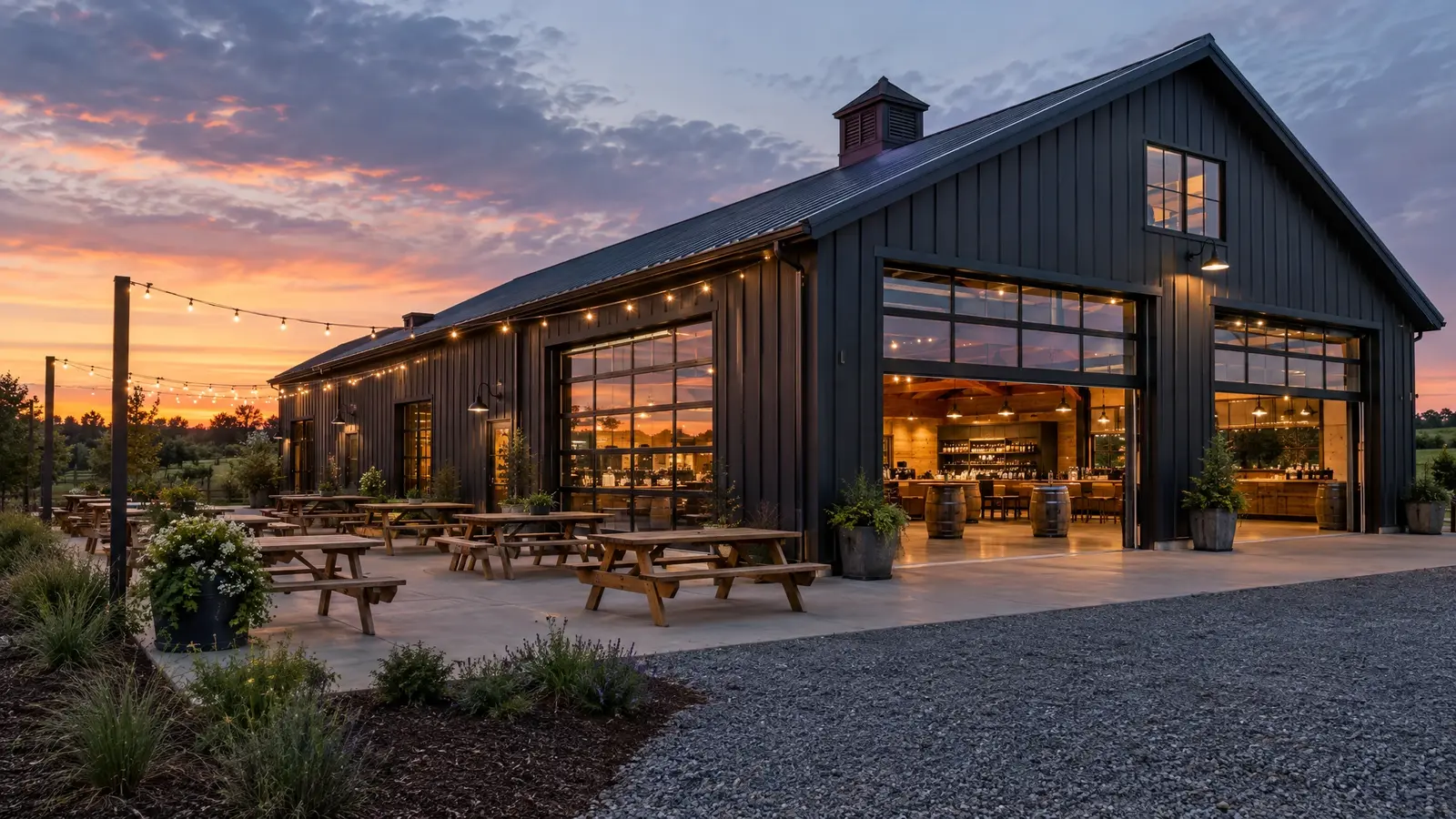 A charcoal commercial barn with glass overhead doors and a patio A charcoal commercial barn with glass overhead doors and a patio