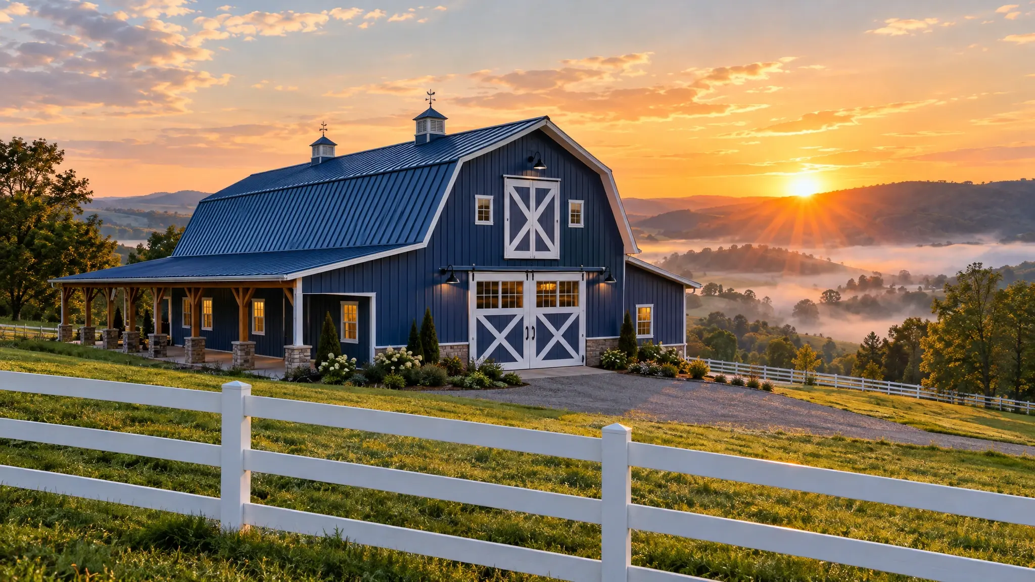 A custom blue barn at sunrise on a green Middle Tennessee hillside A custom blue barn at sunrise on a green Middle Tennessee hillside
