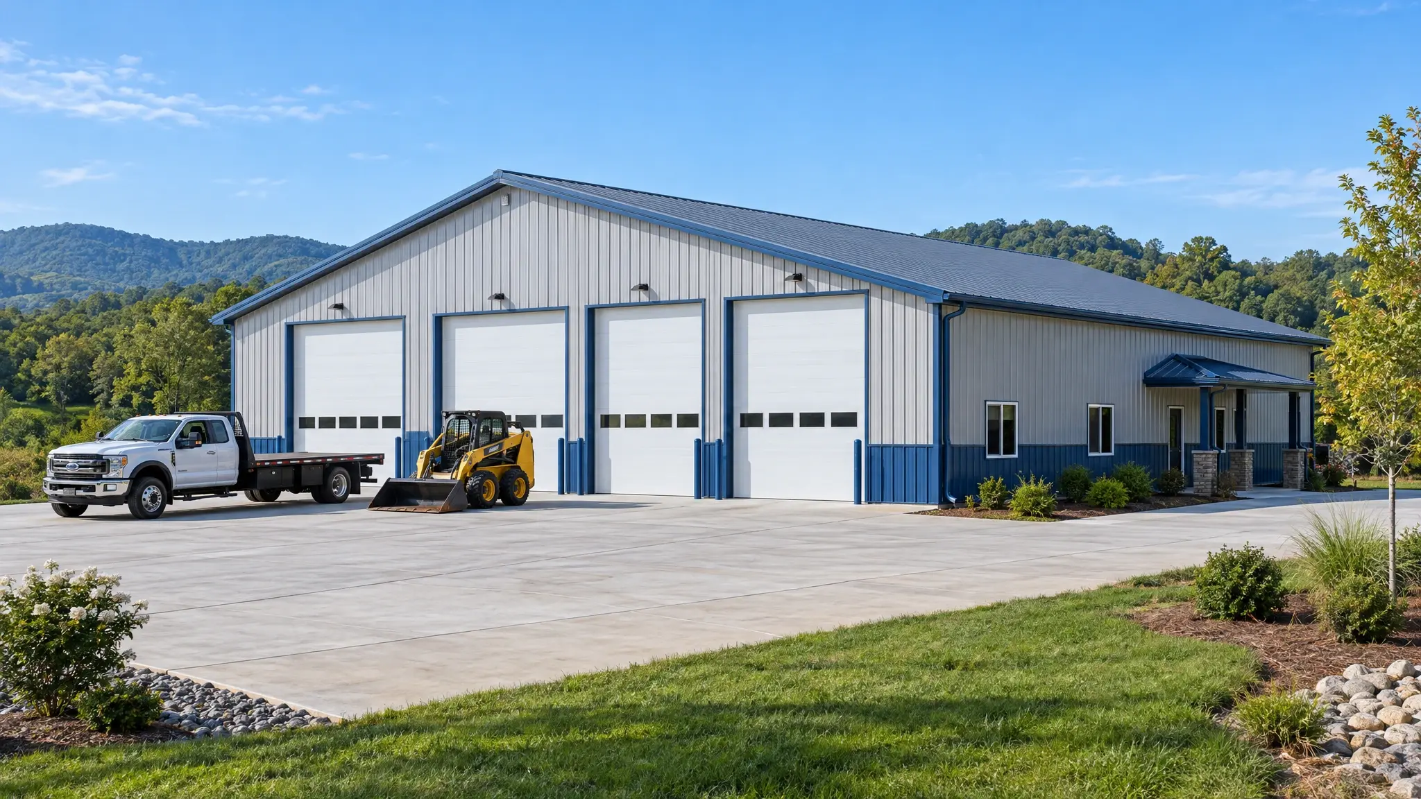 A large clean commercial post-frame building with tall overhead doors and a flatbed truck outside