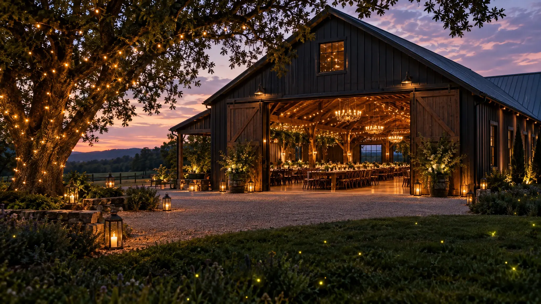 A rustic-luxury event barn at twilight with string lights, long tables and open doors