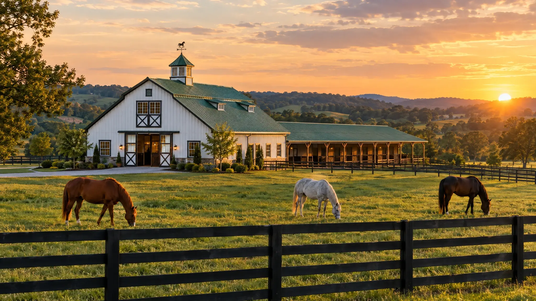 Barn building FAQ | Music City Barns A white horse barn with a cupola and horses grazing in a green pasture