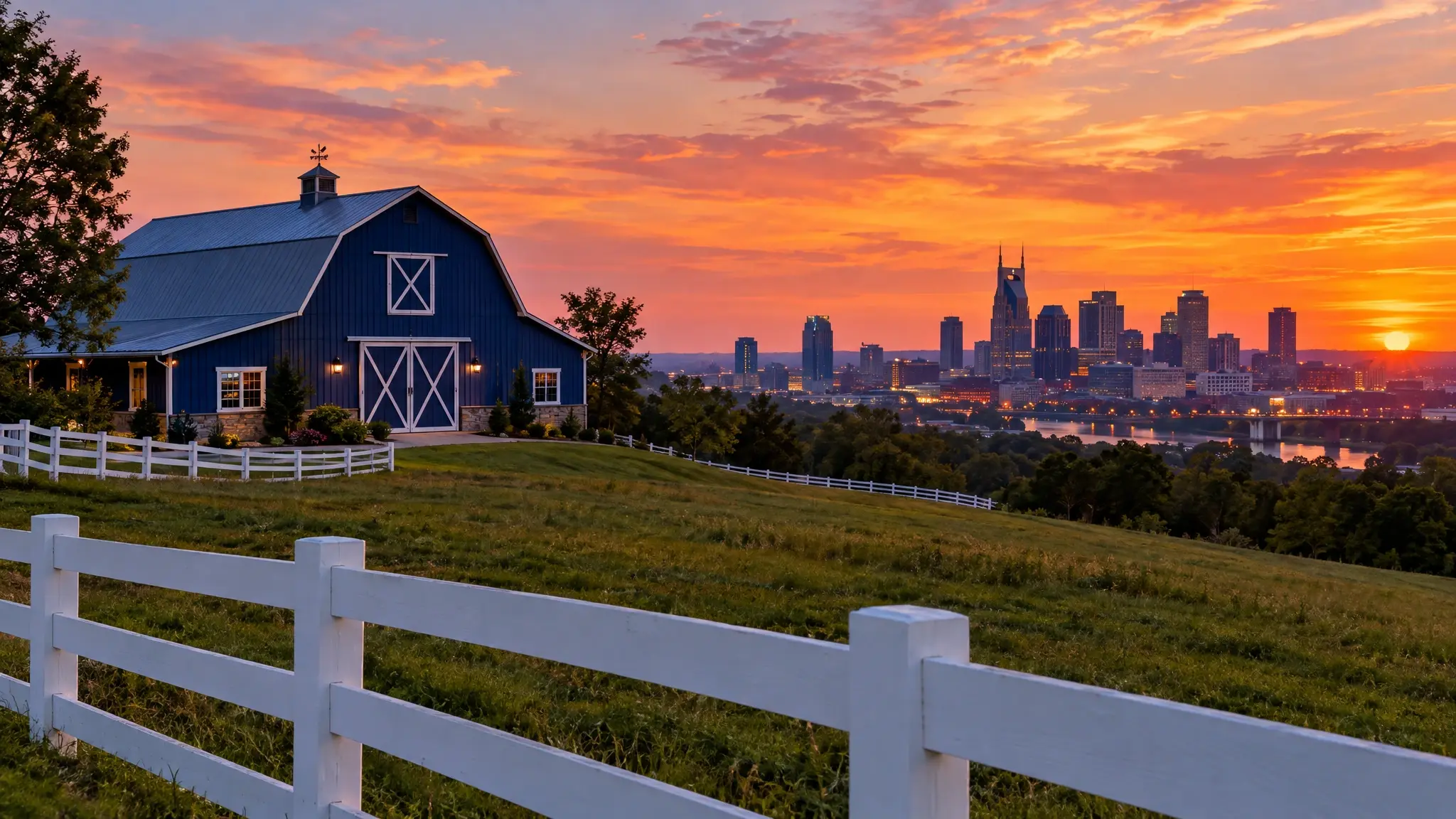 A blue barn on a hilltop with the Nashville skyline glowing at sunset
