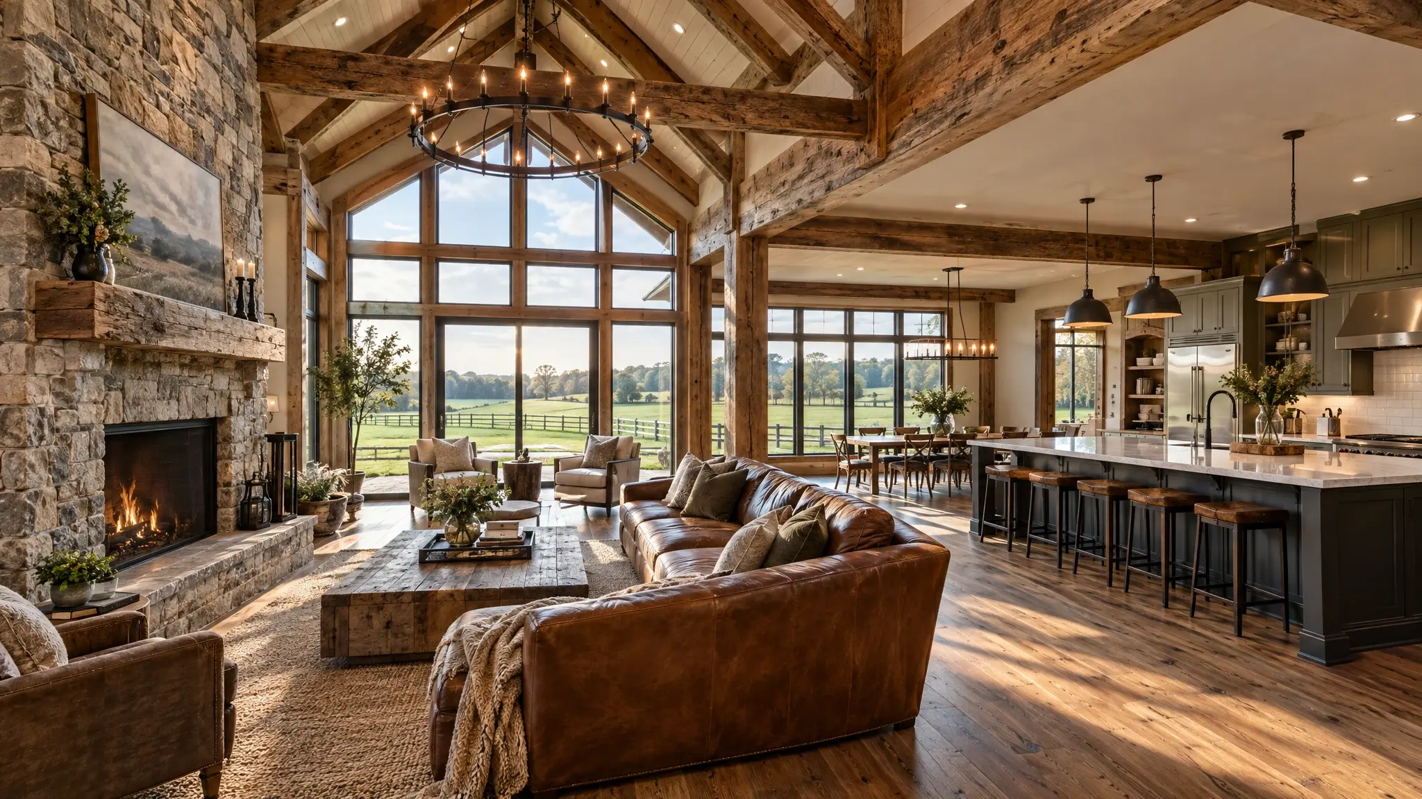 The interior of a barndominium great room with exposed timber trusses, a stone fireplace and a modern kitchen