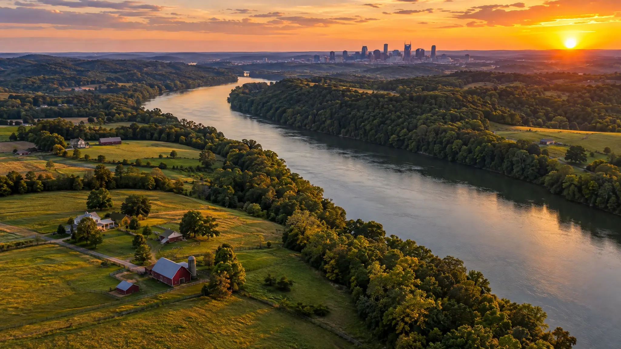 Aerial view of the Cumberland River and Middle Tennessee farmland at sunset