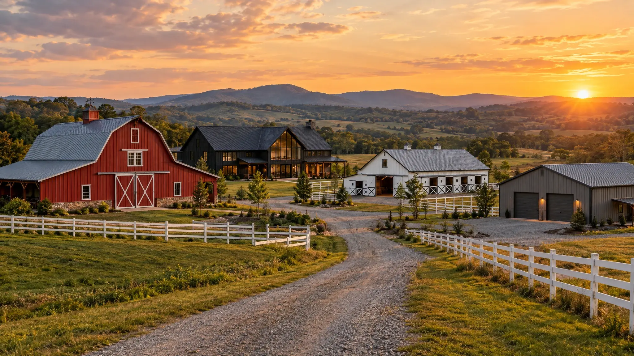 Barn building services | Music City Barns Barns and farm buildings on a Tennessee farm at golden hour