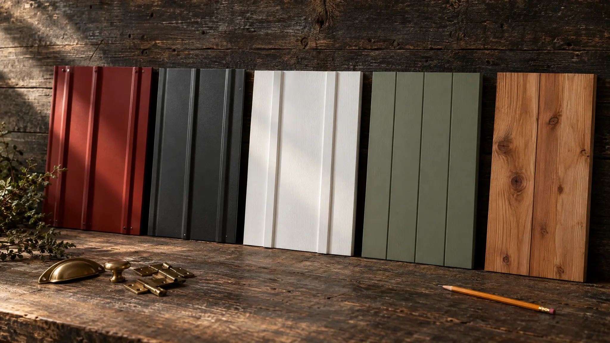Metal siding color samples in red, black, white, green and cedar against weathered wood