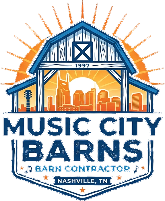 Music City Barns logo: a blue barn with a sunrise and the Nashville skyline