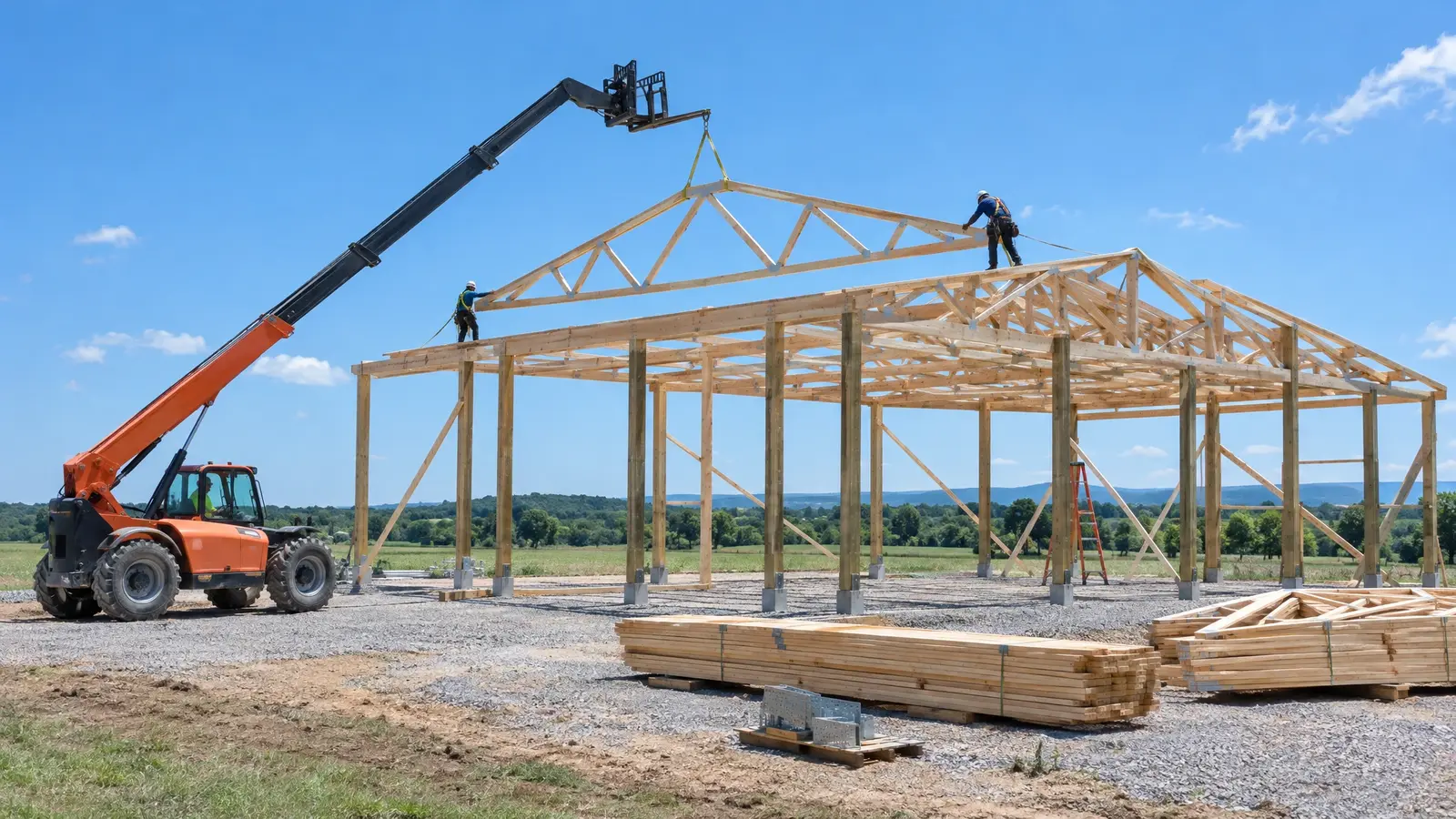 A telehandler lifting a roof truss onto a post-frame barn