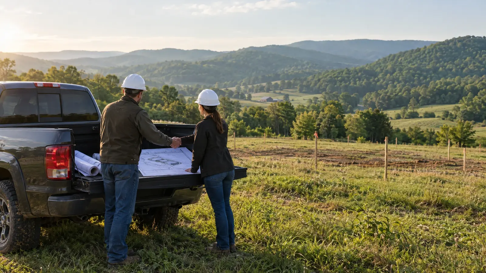 Two people shaking hands over a barn site plan on a truck tailgate