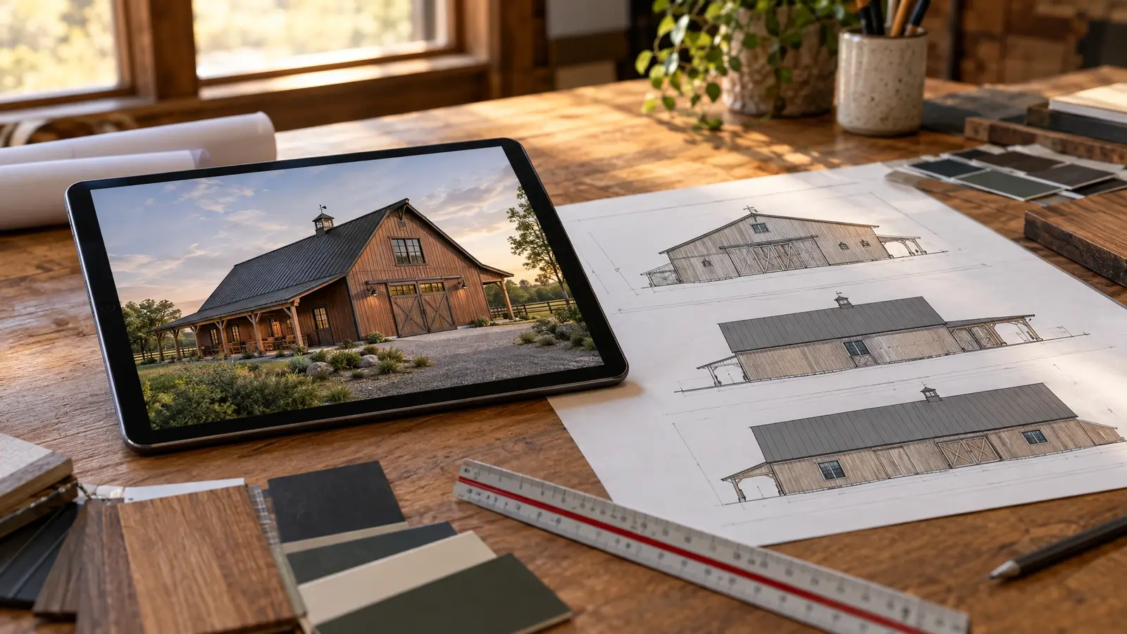 A 3D barn render on a tablet beside printed elevations and swatches
