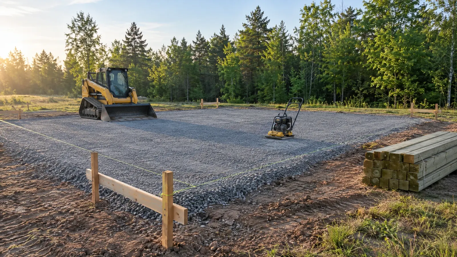 A graded gravel pad with string lines and a skid steer