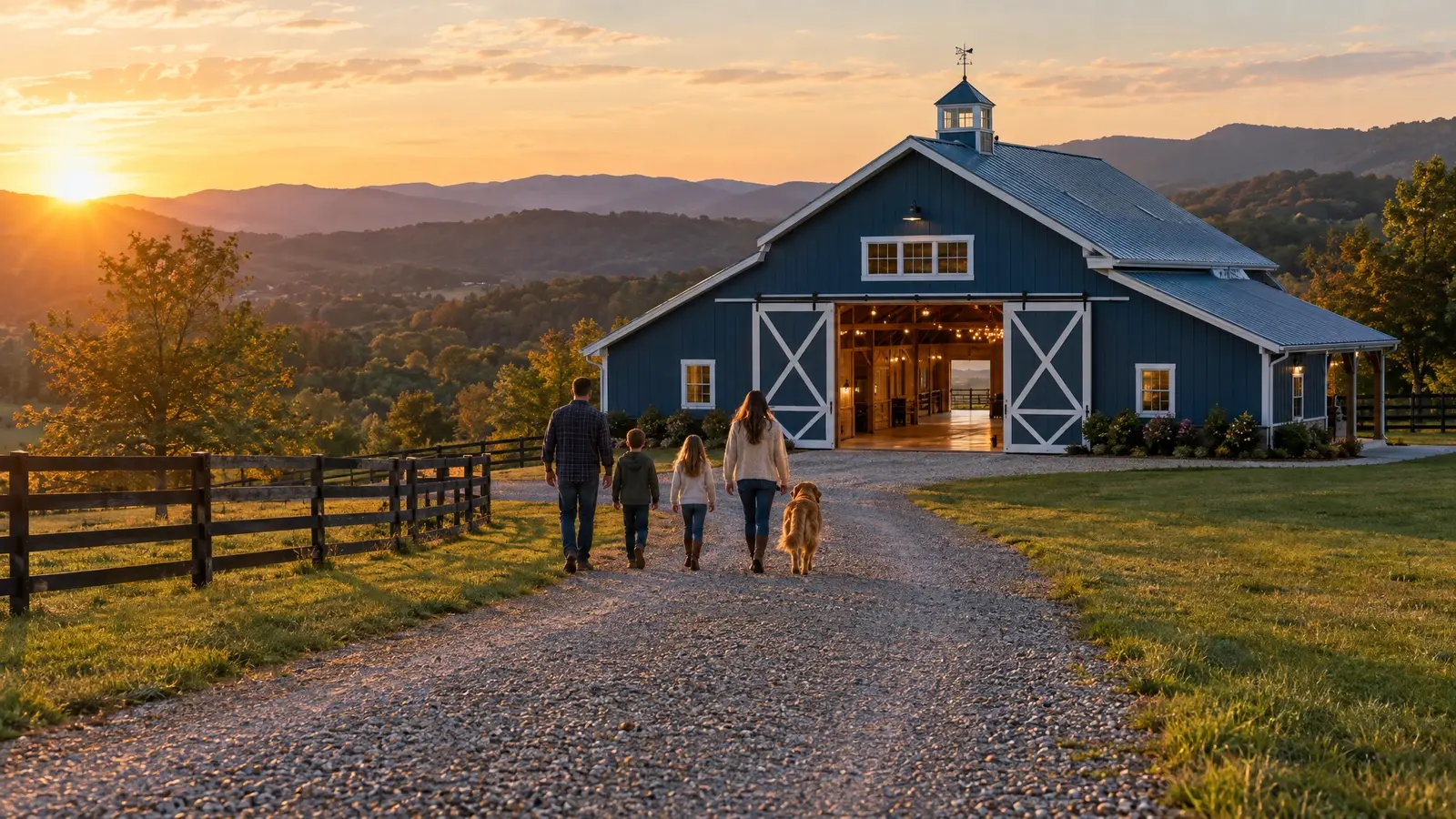 A finished blue barn at golden hour with a family walking toward it