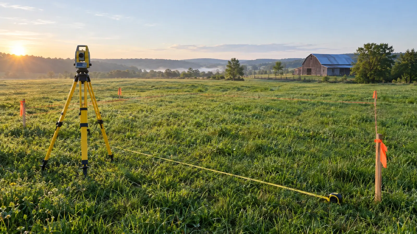 A surveyor's total station and stakes with flagging tape marking a barn footprint