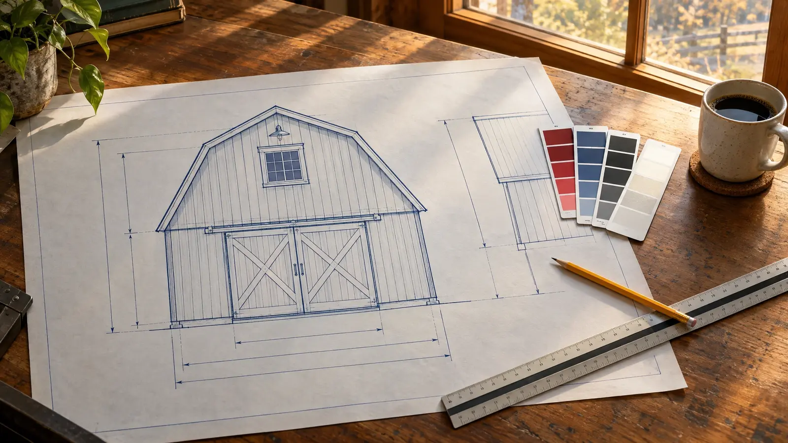 Barn design tools | Music City Barns A barn elevation drawing on a drafting table with color swatches and a scale ruler